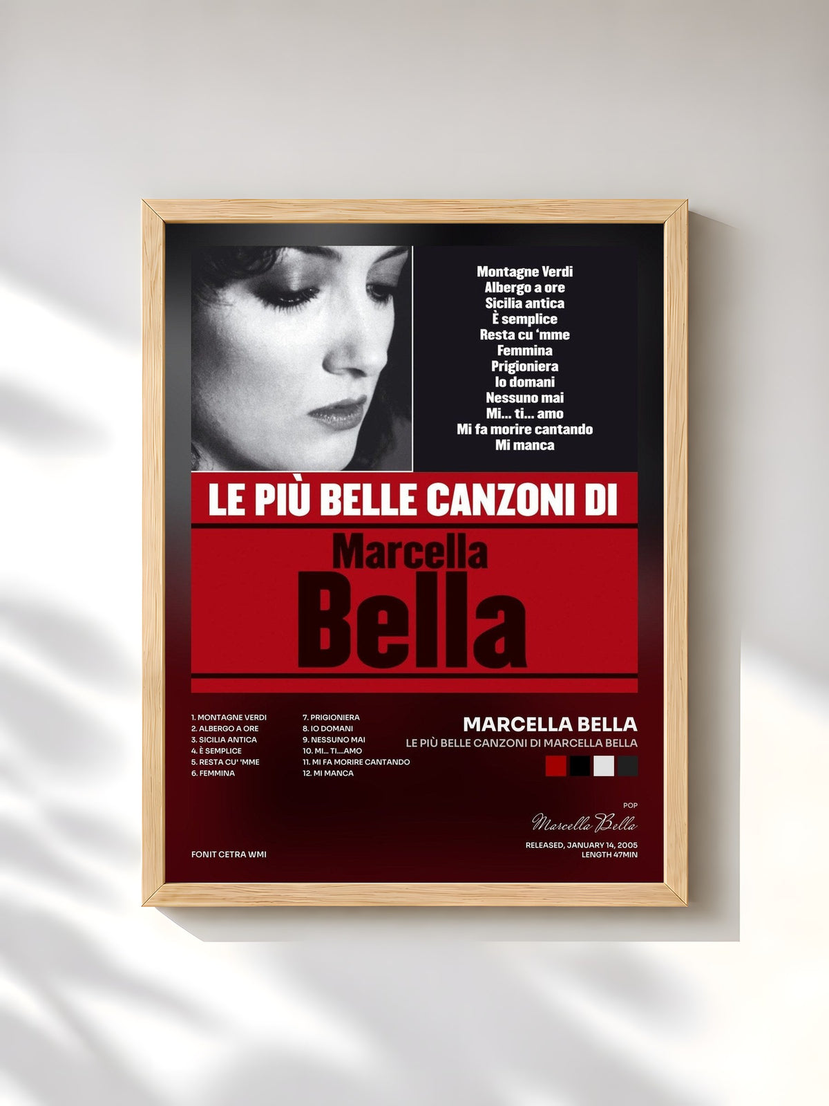 #bois Tableau de l'album Le più belle canzoni di Marcella Bella de Marcella Bella, cadre en bois brut, imprimé et encadré en France
