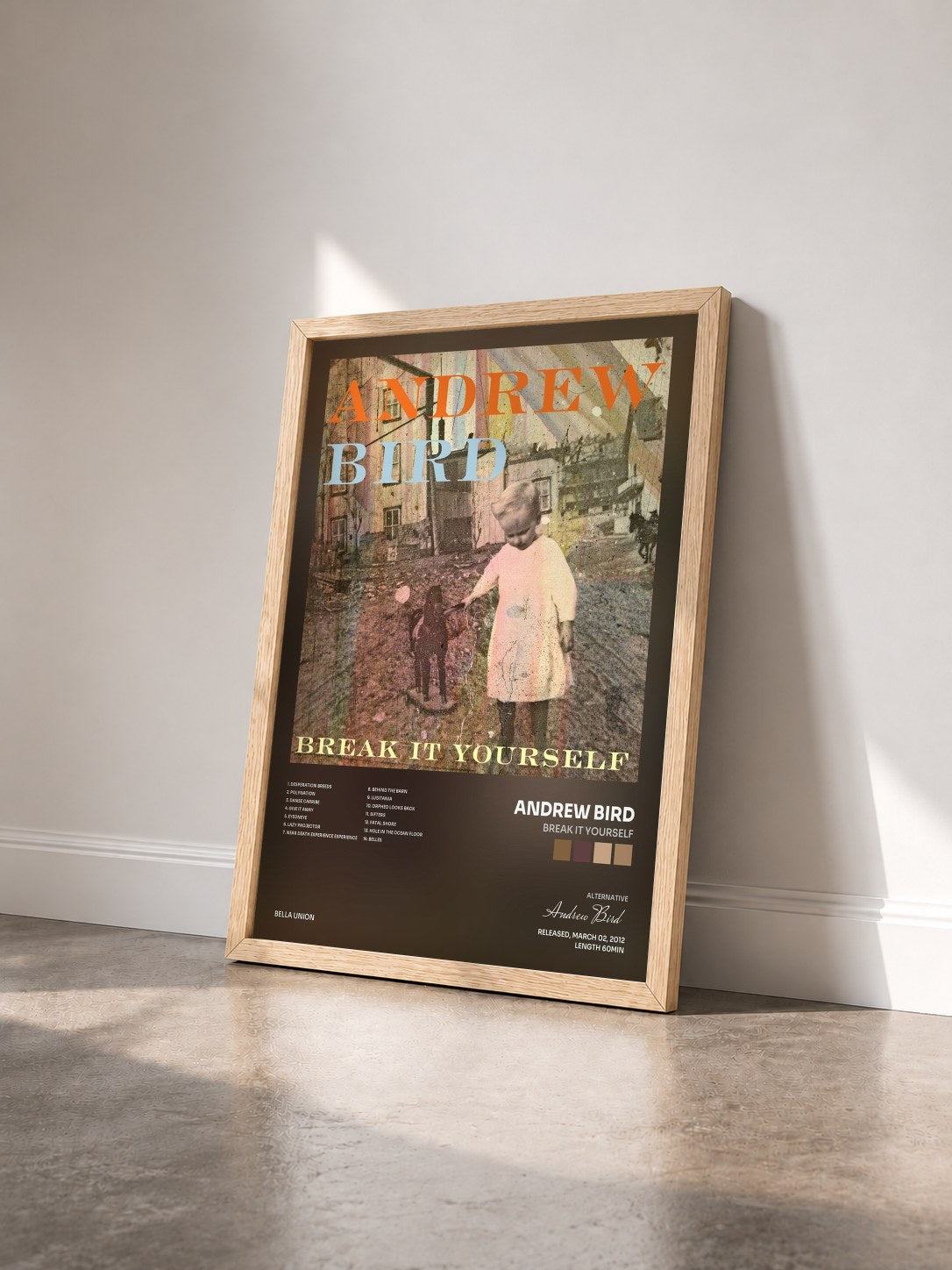#bois Tableau de l'album Break It Yourself de Andrew Bird vu de trois quarts, cadre en bois brut