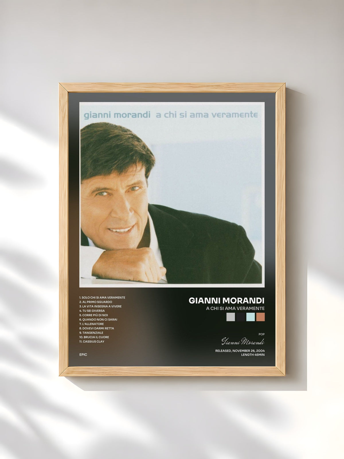 #bois Tableau de l'album A Chi Si Ama Veramente de Gianni Morandi, cadre en bois brut, imprimé et encadré en France