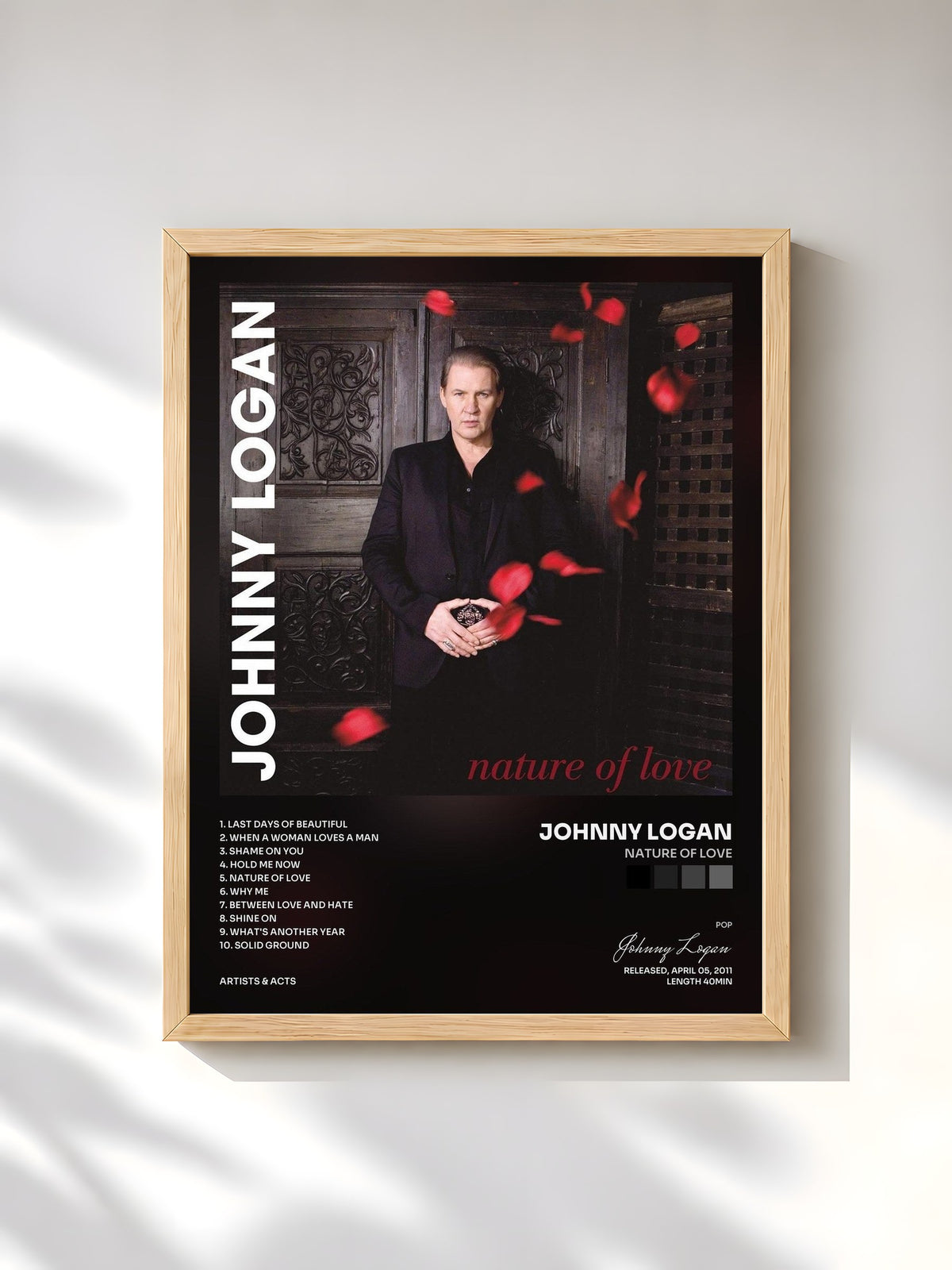 #bois Tableau de l'album Nature of Love de Johnny Logan, cadre en bois brut, imprimé et encadré en France