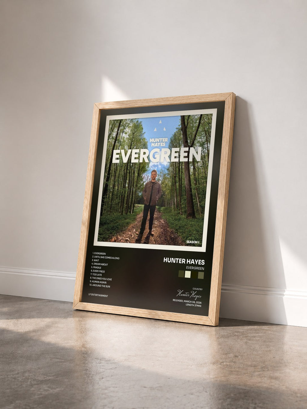 #bois Tableau de l'album Evergreen de Hunter Hayes vu de trois quarts, cadre en bois brut