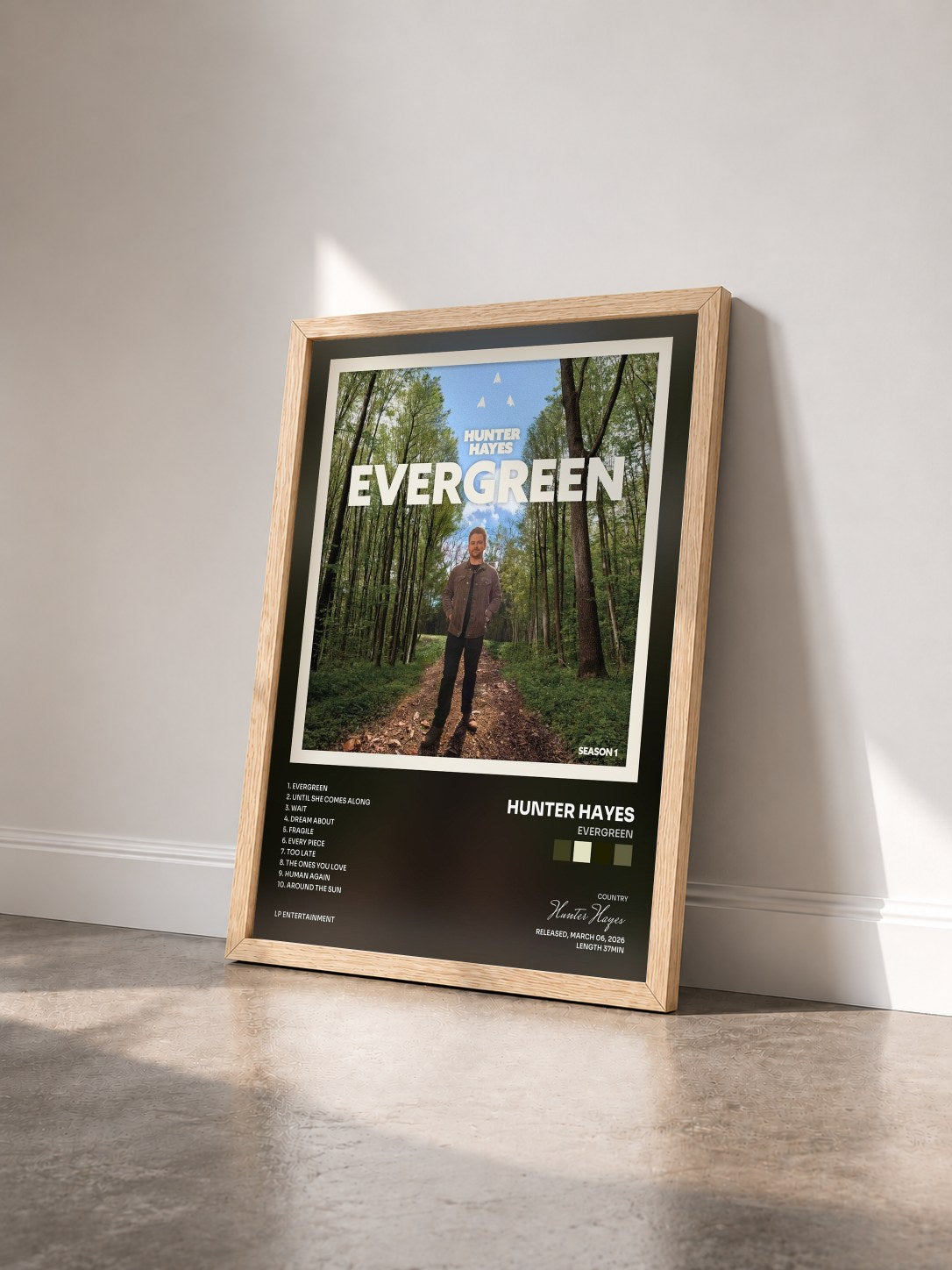 #bois Tableau de l'album Evergreen de Hunter Hayes vu de trois quarts, cadre en bois brut