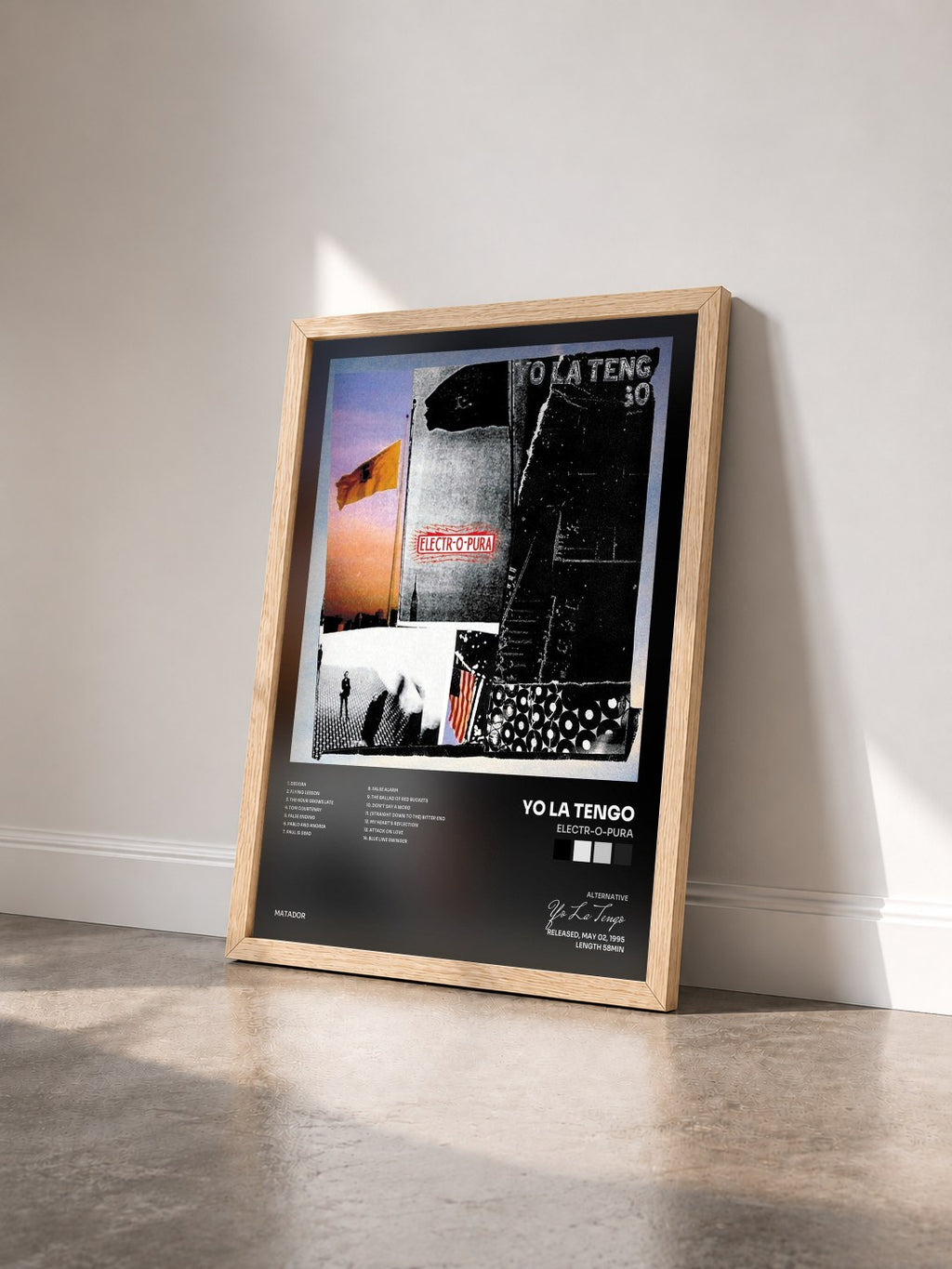 #bois Tableau de l'album Electr-o-pura de Yo La Tengo vu de trois quarts, cadre en bois brut