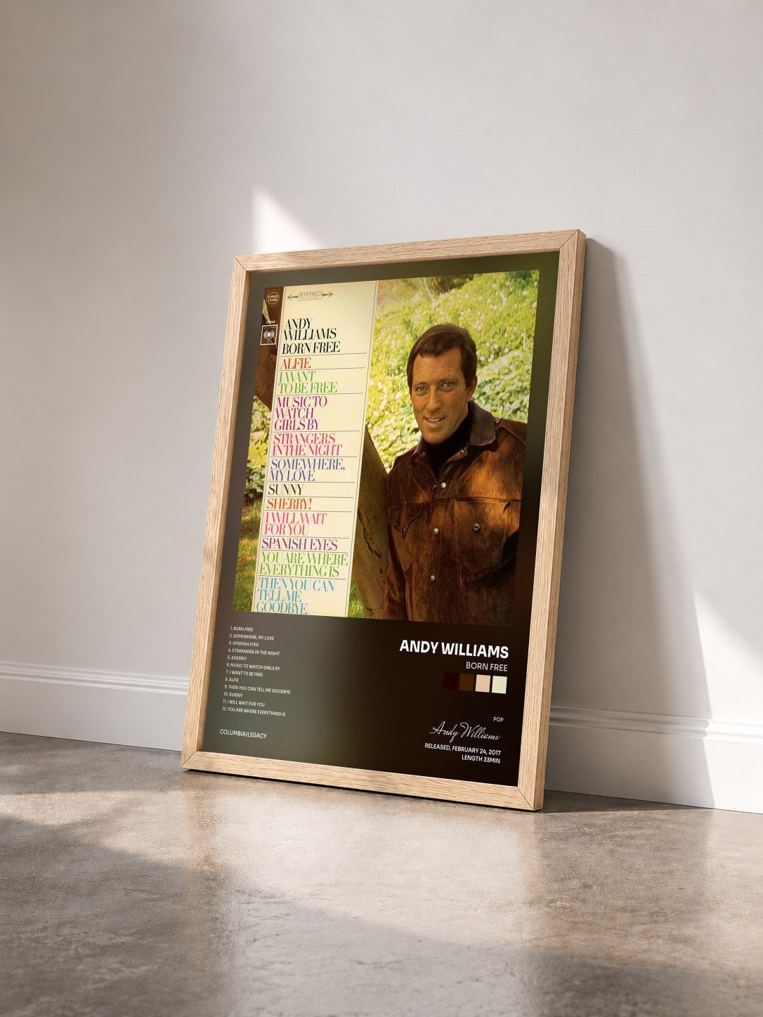 #bois Tableau de l'album Born Free de Andy Williams vu de trois quarts, cadre en bois brut