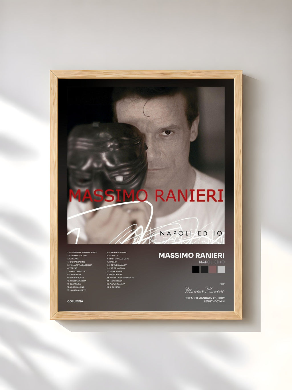 #bois Tableau de l'album Napoli Ed Io de Massimo Ranieri, cadre en bois brut, imprimé et encadré en France