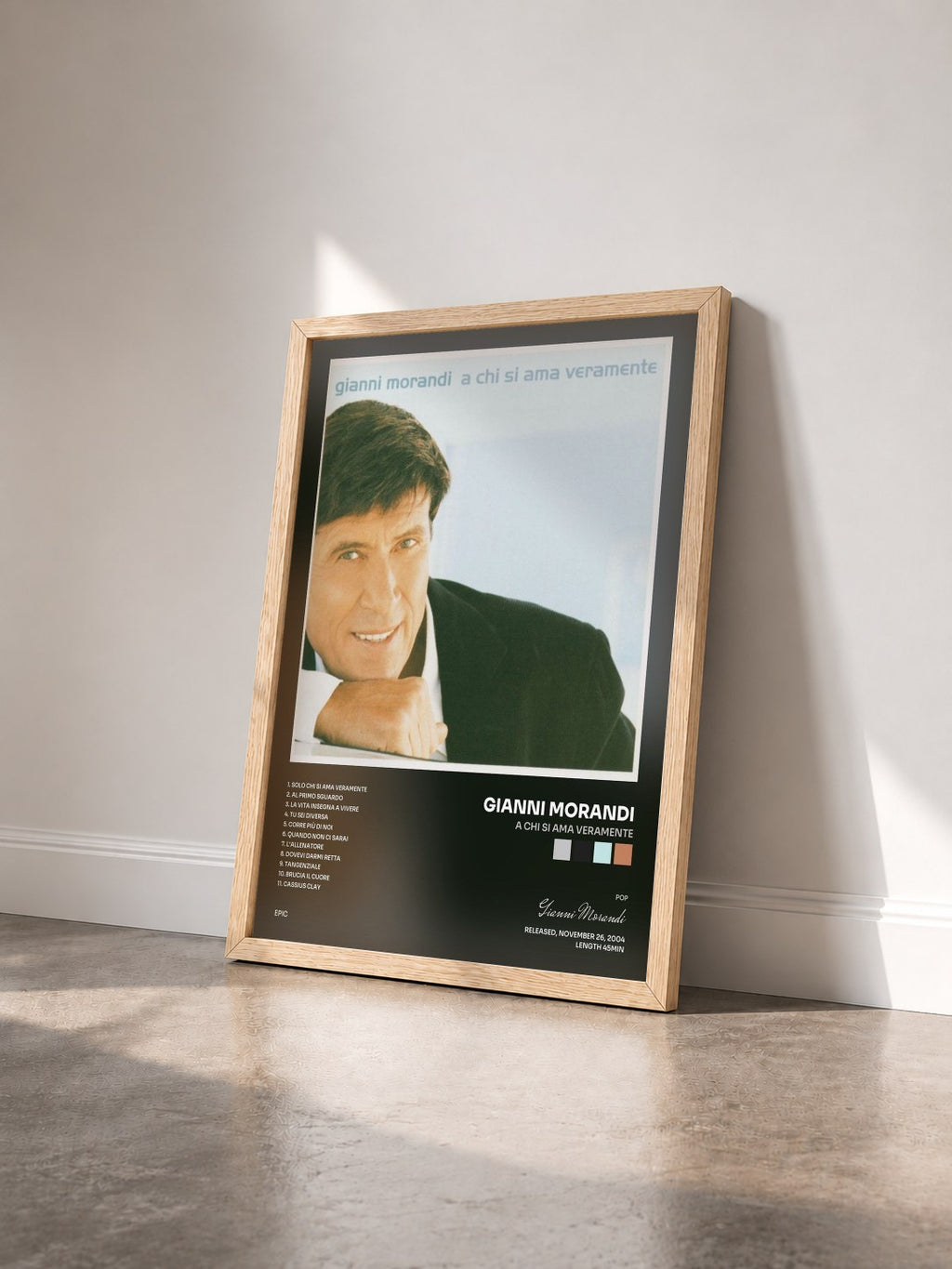 #bois Tableau de l'album A Chi Si Ama Veramente de Gianni Morandi vu de trois quarts, cadre en bois brut