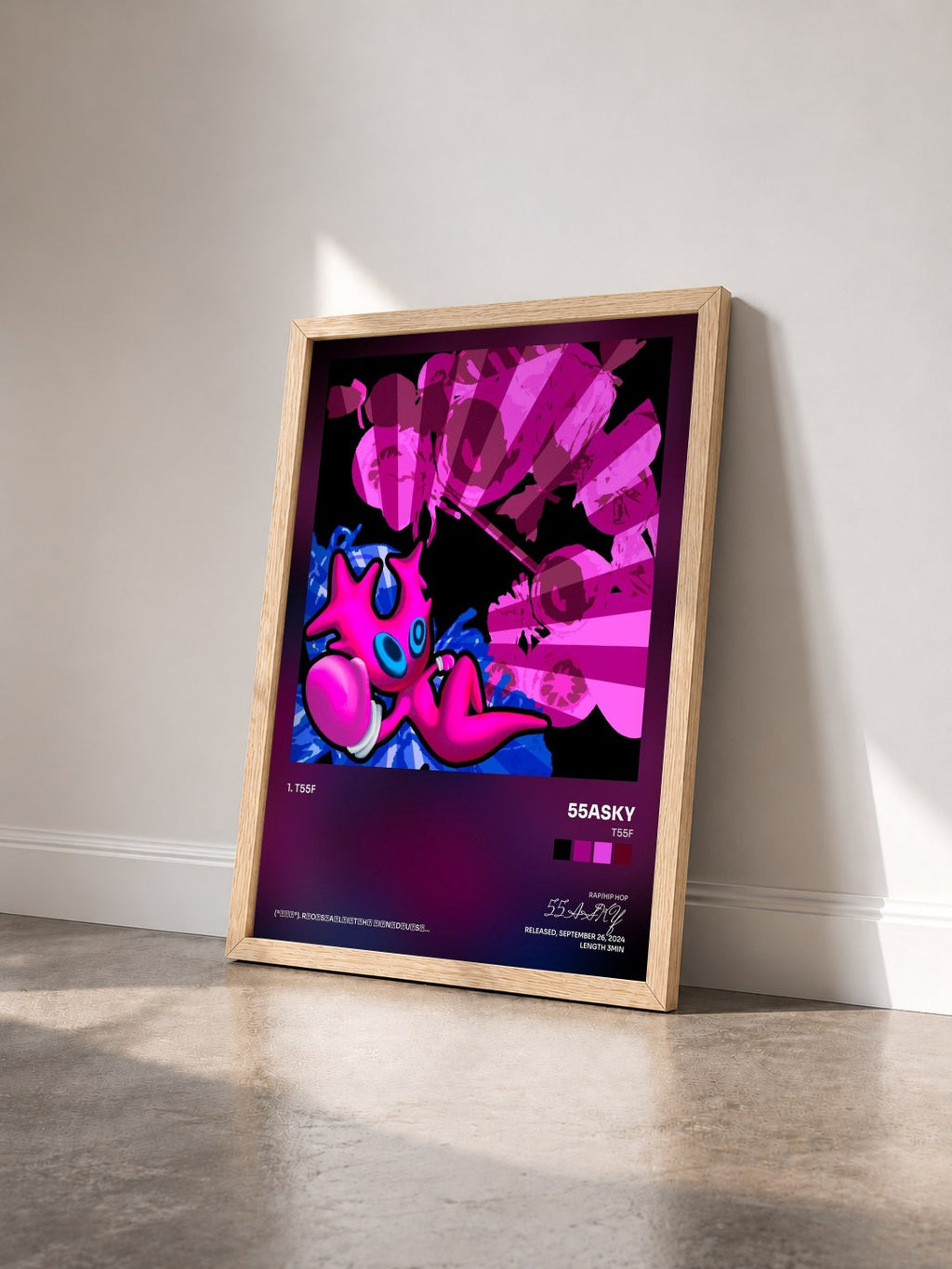 #bois Tableau de l'album T55F de 55ASKY vu de trois quarts, cadre en bois brut