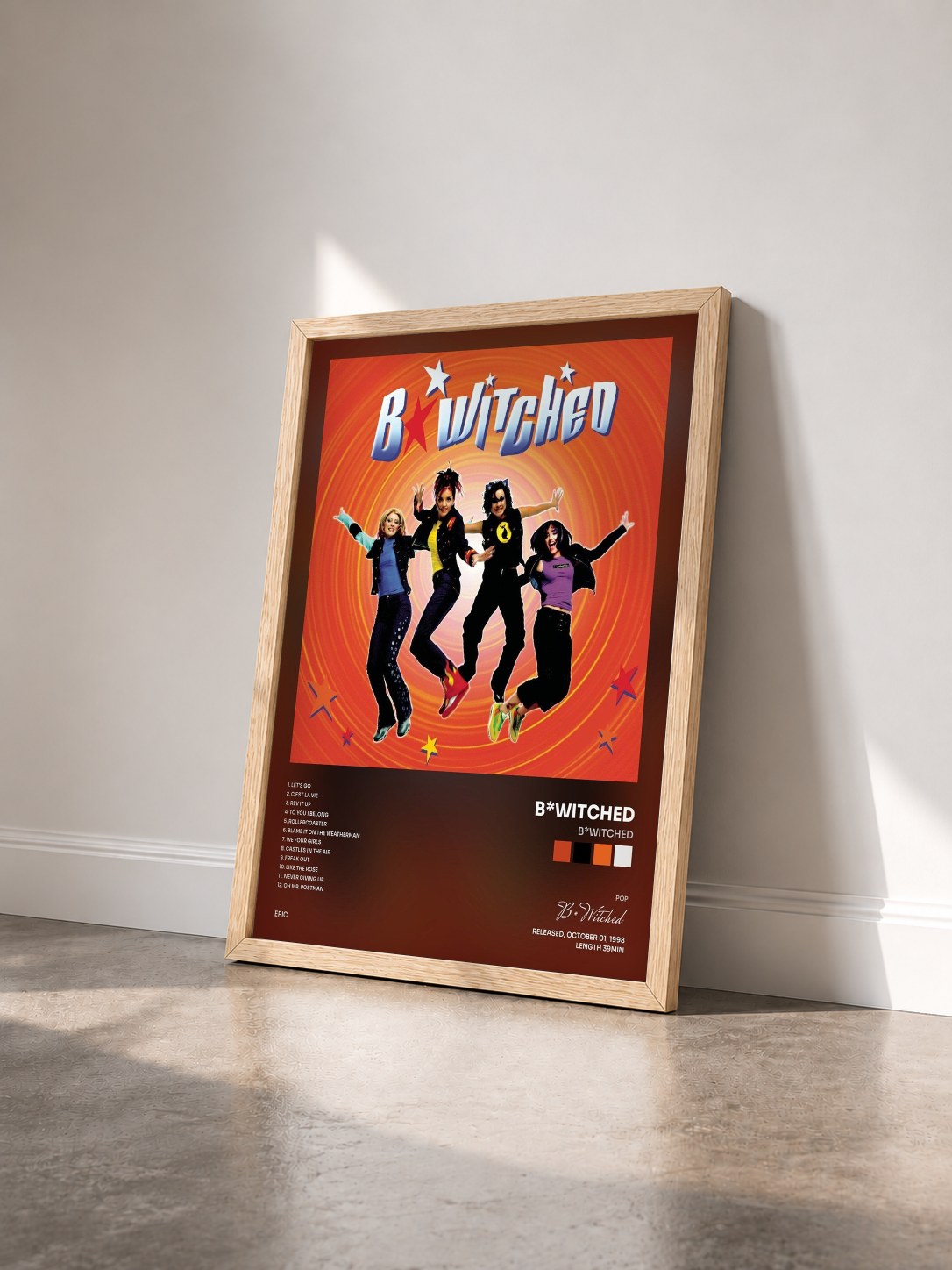 #bois Tableau de l'album B*Witched de B*Witched vu de trois quarts, cadre en bois brut