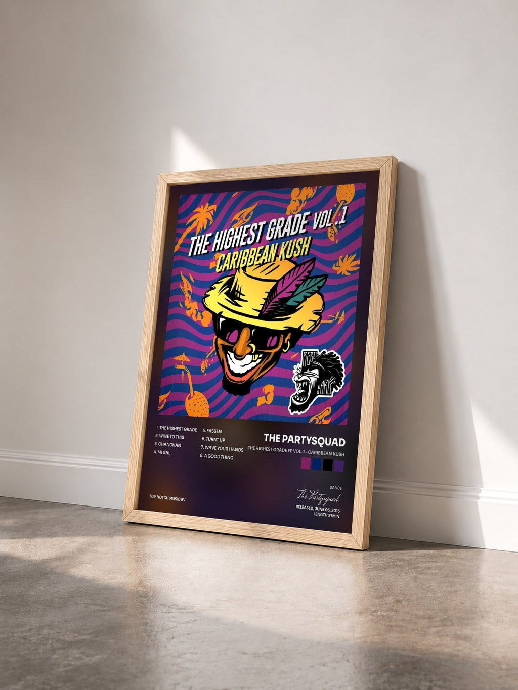 #bois Tableau de l'album The Highest Grade EP Vol. 1 - Caribbean Kush de The Partysquad vu de trois quarts, cadre en bois brut