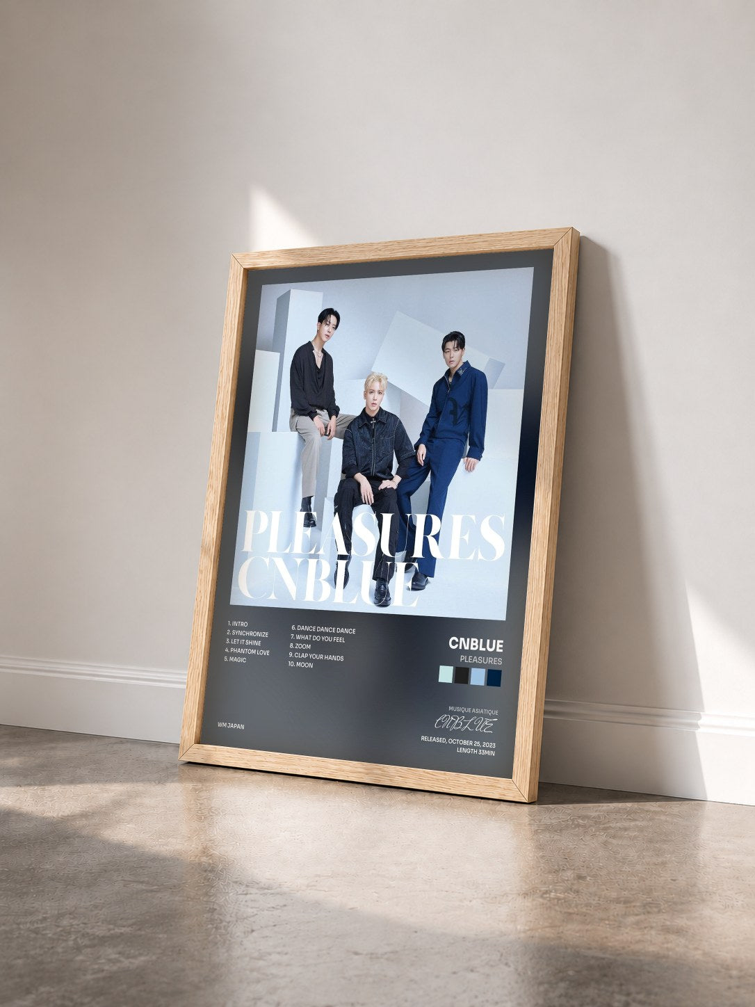 #bois Tableau de l'album PLEASURES de CNBLUE vu de trois quarts, cadre en bois brut