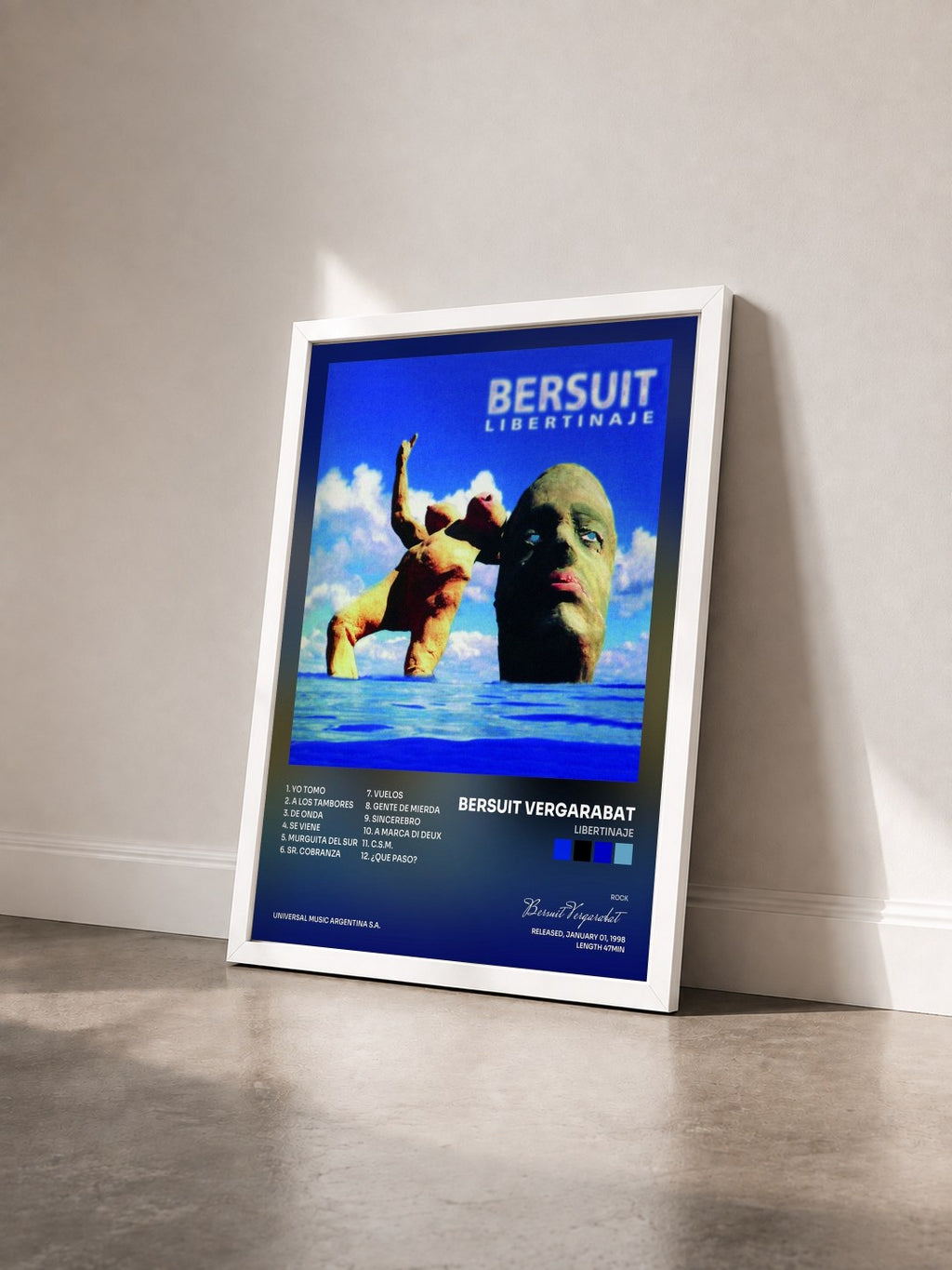 #blanc Tableau de l'album Libertinaje de Bersuit Vergarabat vu de trois quarts, cadre blanc