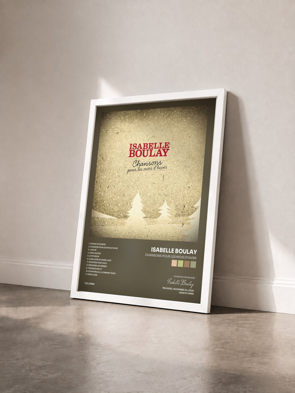 #blanc Tableau de l'album Chansons pour les mois d'hiver de Isabelle Boulay vu de trois quarts, cadre blanc