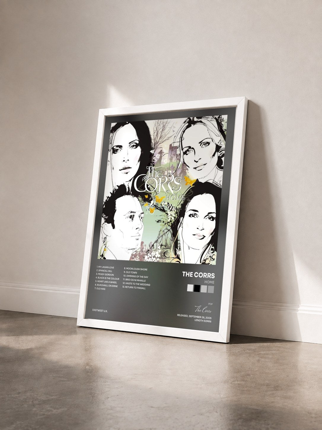 #blanc Tableau de l'album Home de The Corrs vu de trois quarts, cadre blanc