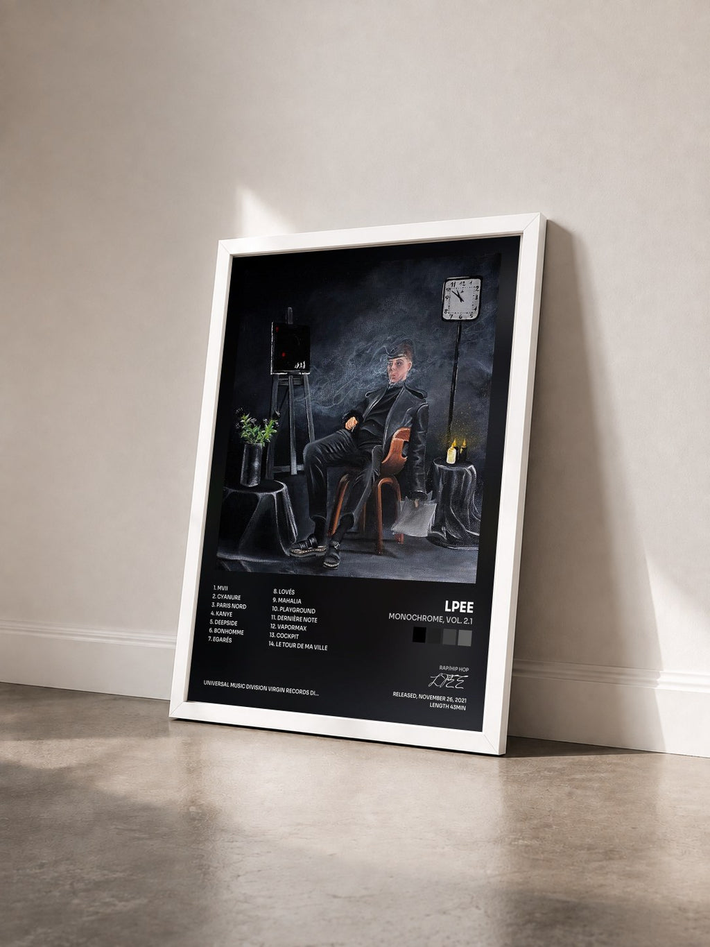 #blanc Tableau de l'album Monochrome, Vol. 2.1 de LPEE vu de trois quarts, cadre blanc
