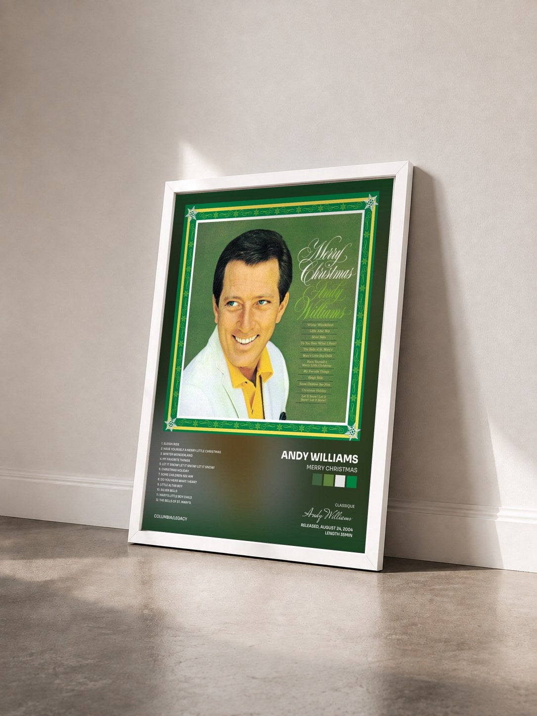#blanc Tableau de l'album Merry Christmas de Andy Williams vu de trois quarts, cadre blanc