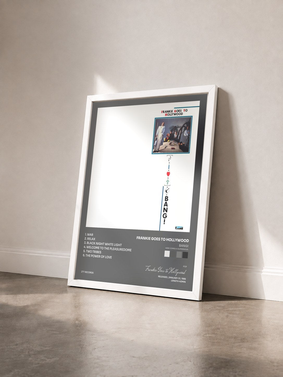 #blanc Tableau de l'album Bang! (Here Comes A Supernova) de Frankie Goes to Hollywood vu de trois quarts, cadre blanc