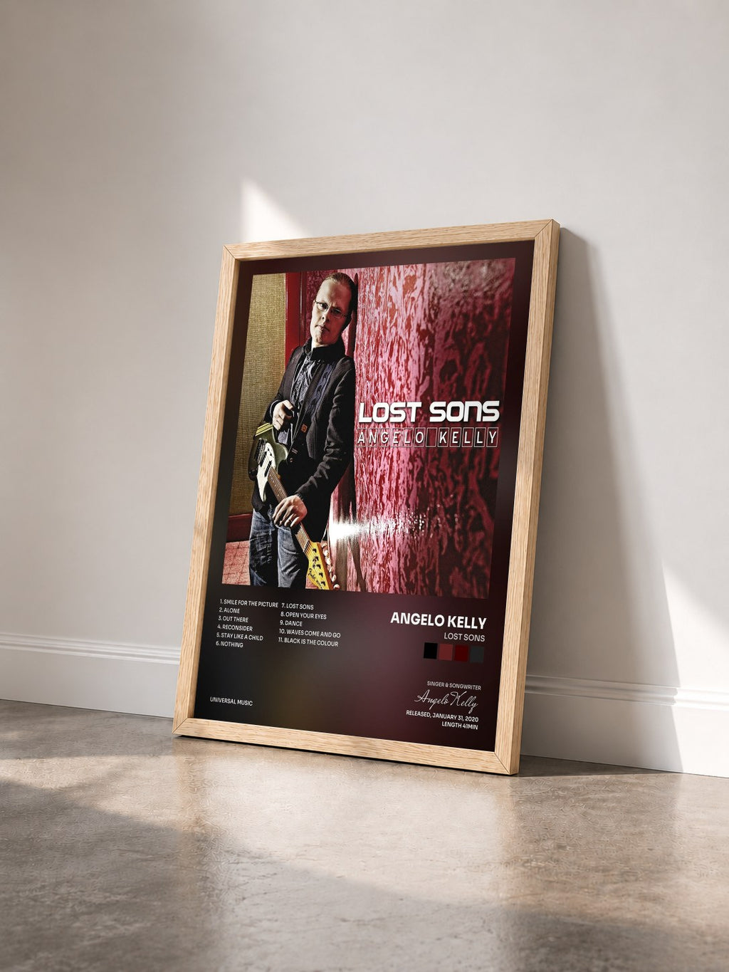 #bois Tableau de l'album Lost Sons de Angelo Kelly vu de trois quarts, cadre en bois brut