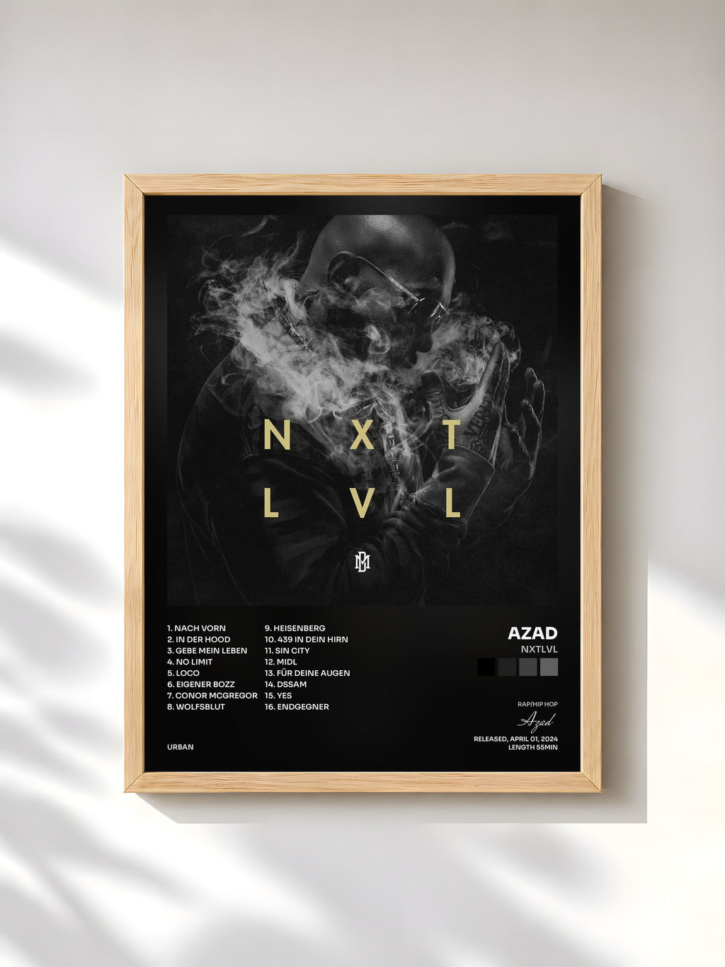 #bois Tableau de l'album NXTLVL de Azad, cadre en bois brut, imprimé et encadré en France