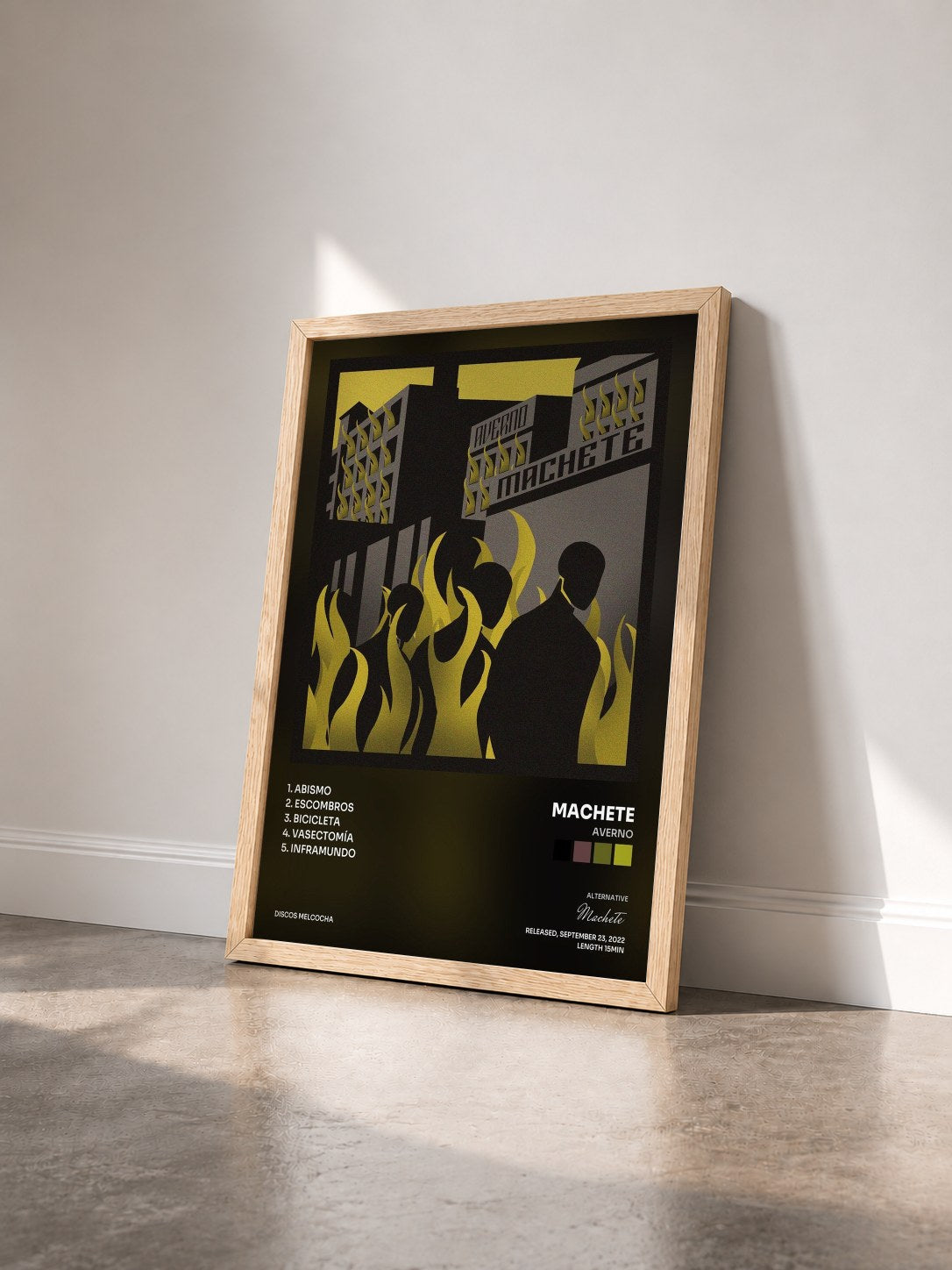 #bois Tableau de l'album Averno de Machete vu de trois quarts, cadre en bois brut