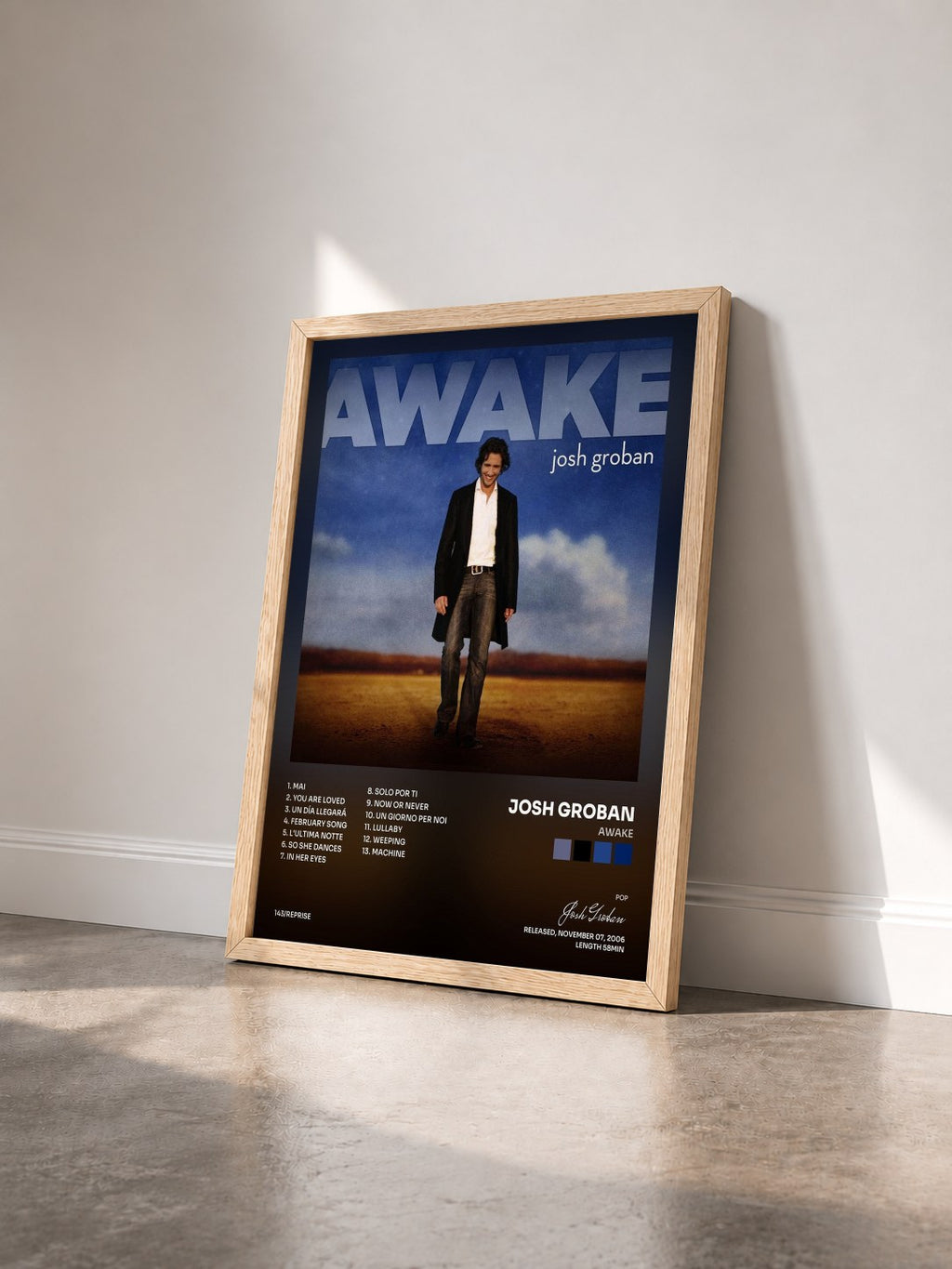 #bois Tableau de l'album Awake de Josh Groban vu de trois quarts, cadre en bois brut