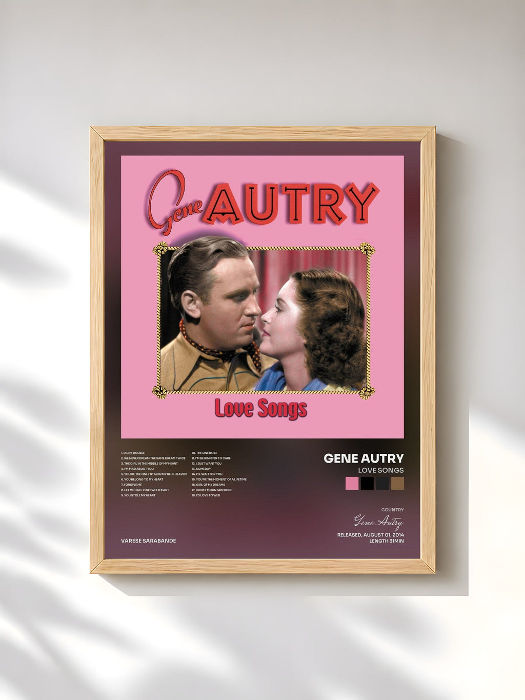 #bois Tableau de l'album Love Songs de Gene Autry, cadre en bois brut, imprimé et encadré en France