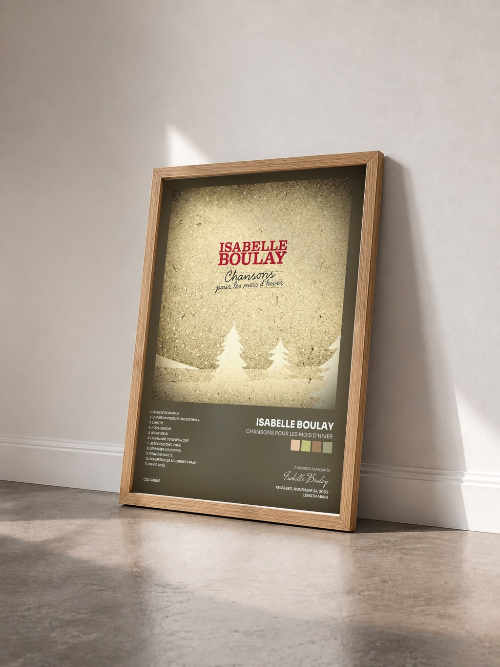 #bois Tableau de l'album Chansons pour les mois d'hiver de Isabelle Boulay vu de trois quarts, cadre en bois brut