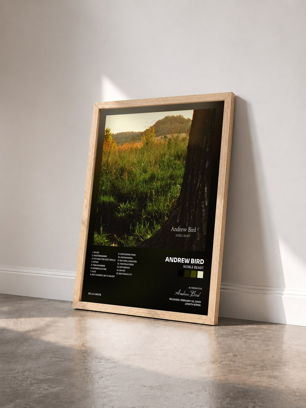 #bois Tableau de l'album Noble Beast de Andrew Bird vu de trois quarts, cadre en bois brut