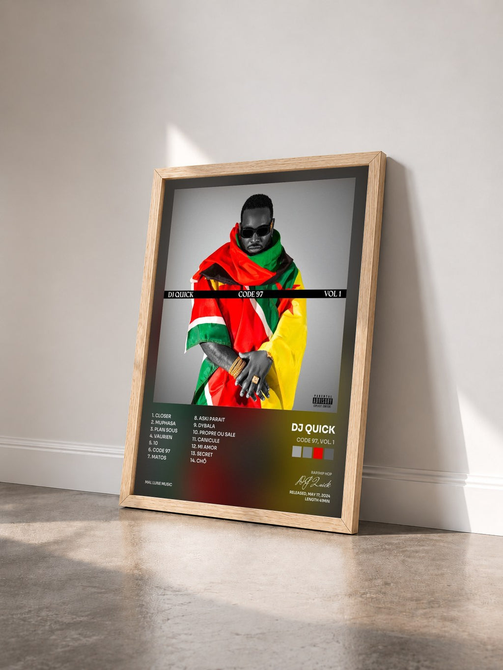 #bois Tableau de l'album CODE 97, Vol. 1 de DJ Quick vu de trois quarts, cadre en bois brut