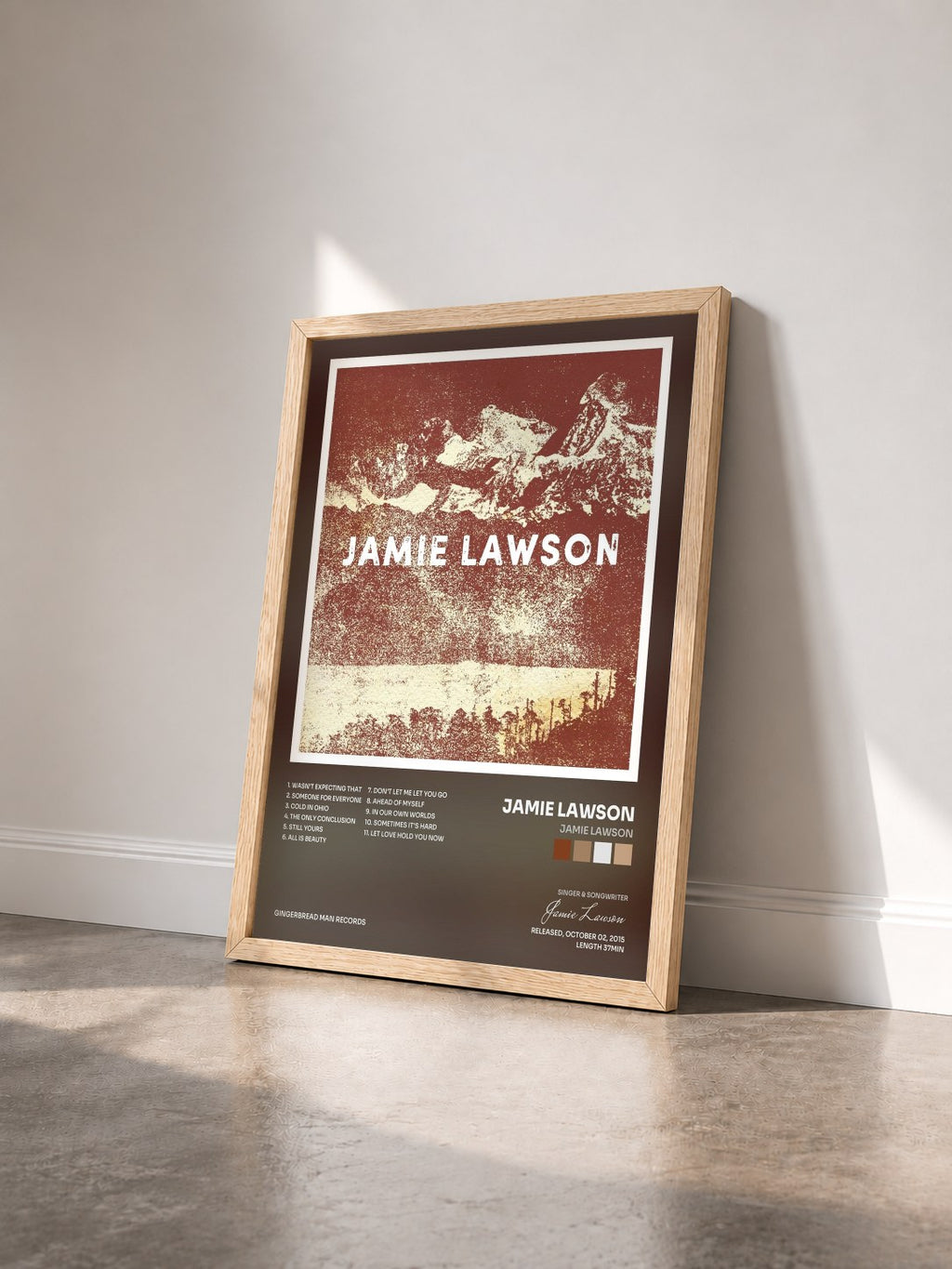 #bois Tableau de l'album Jamie Lawson de Jamie Lawson vu de trois quarts, cadre en bois brut