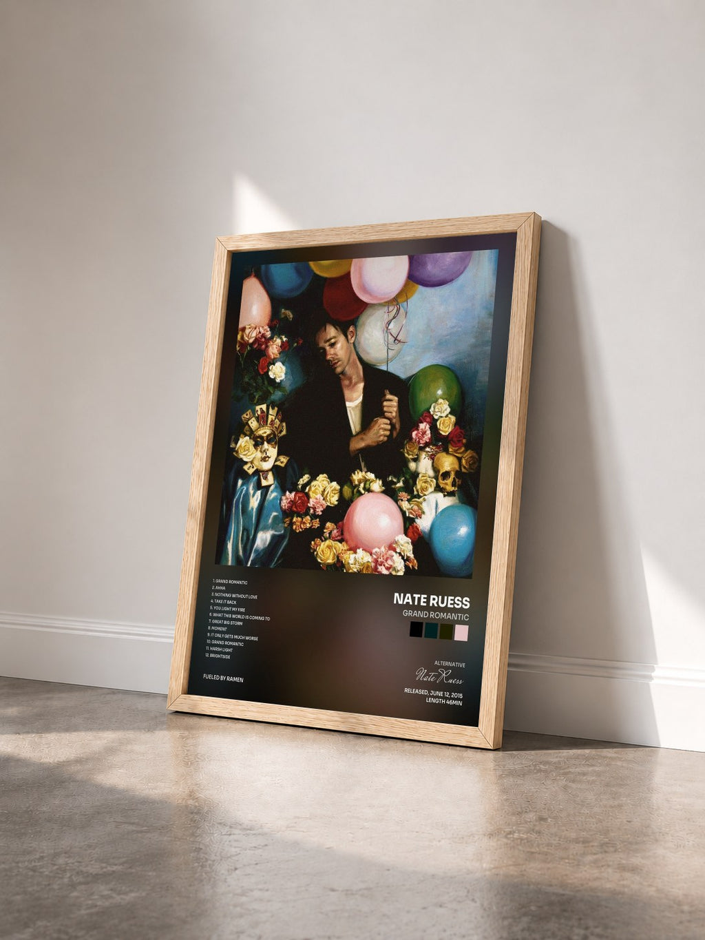 #bois Tableau de l'album Grand Romantic de Nate Ruess vu de trois quarts, cadre en bois brut