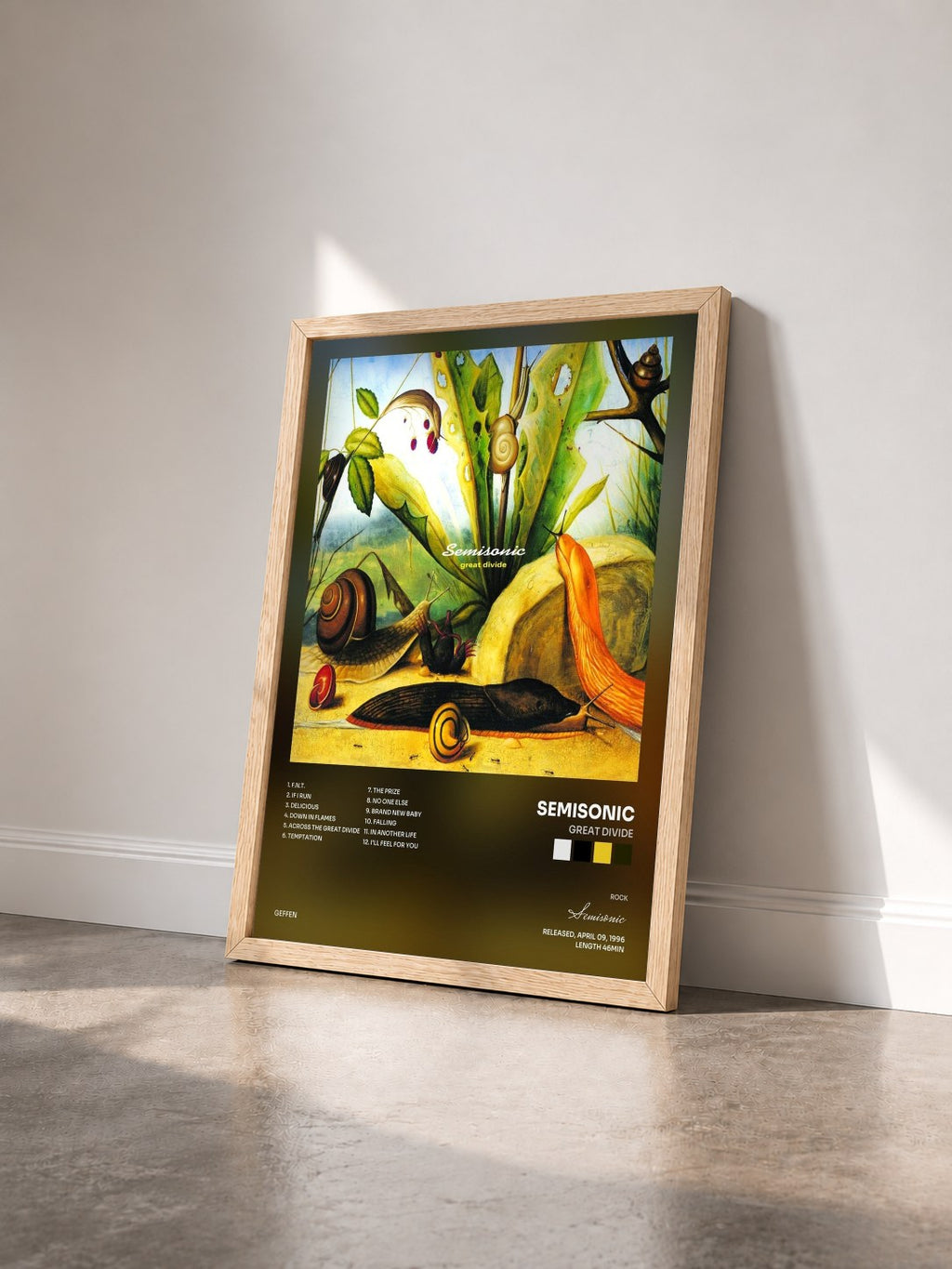 #bois Tableau de l'album Great Divide de Semisonic vu de trois quarts, cadre en bois brut