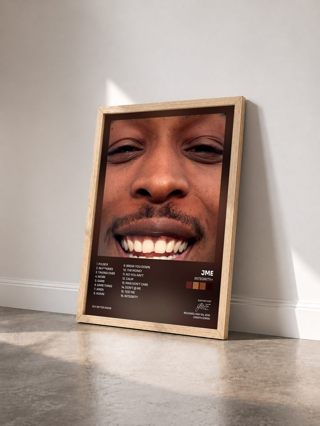 #bois Tableau de l'album Integrity> de JME vu de trois quarts, cadre en bois brut