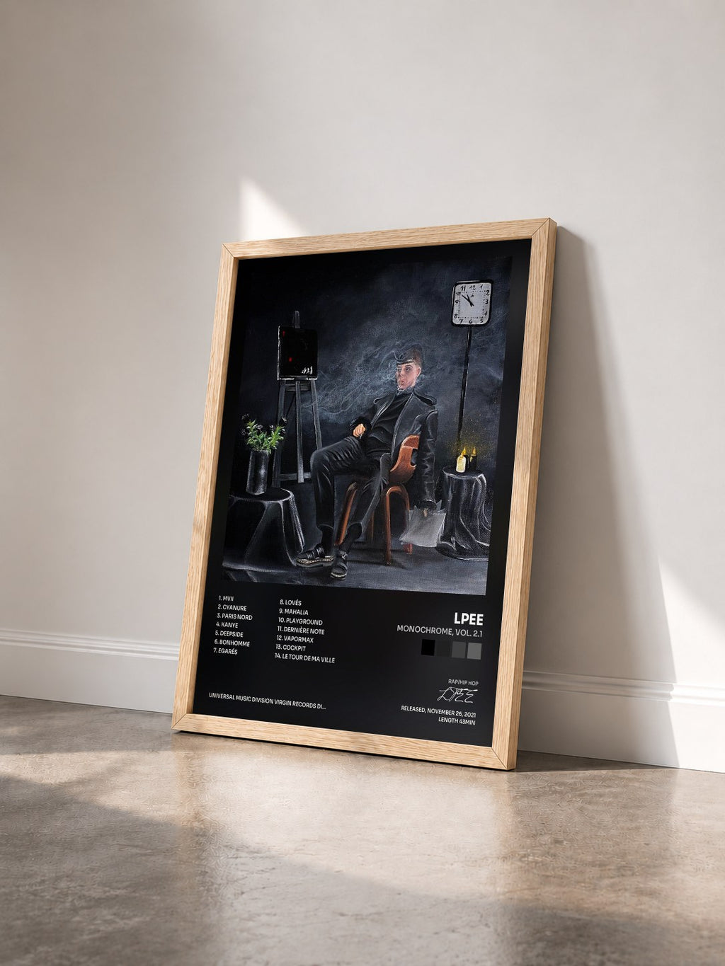 #bois Tableau de l'album Monochrome, Vol. 2.1 de LPEE vu de trois quarts, cadre en bois brut