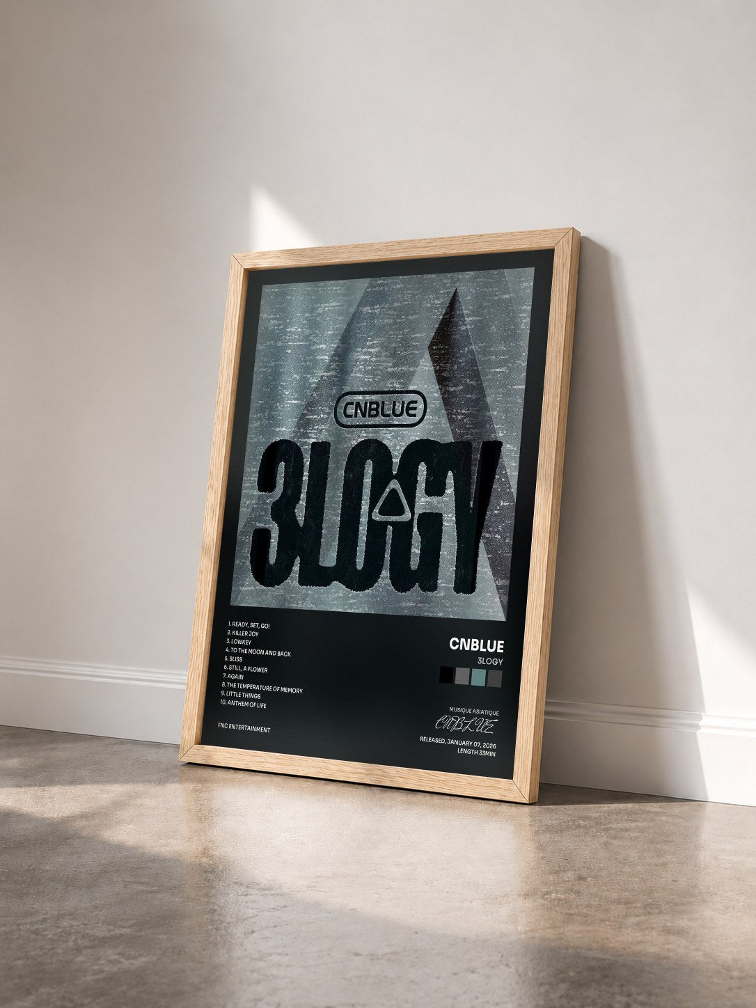 #bois Tableau de l'album 3LOGY de CNBLUE vu de trois quarts, cadre en bois brut