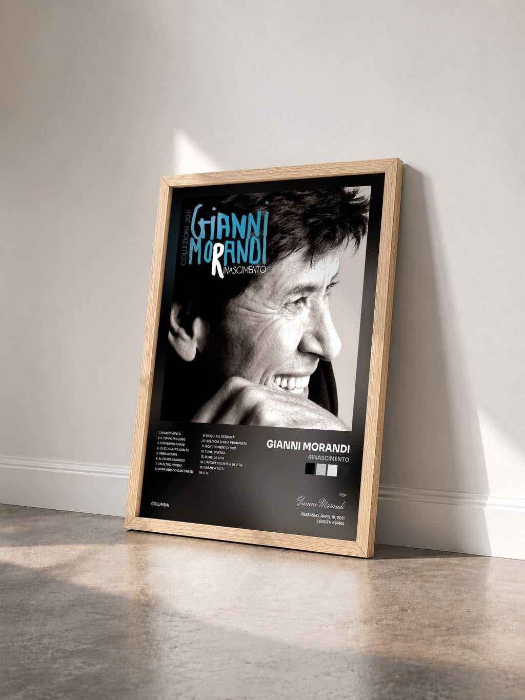 #bois Tableau de l'album Rinascimento de Gianni Morandi vu de trois quarts, cadre en bois brut