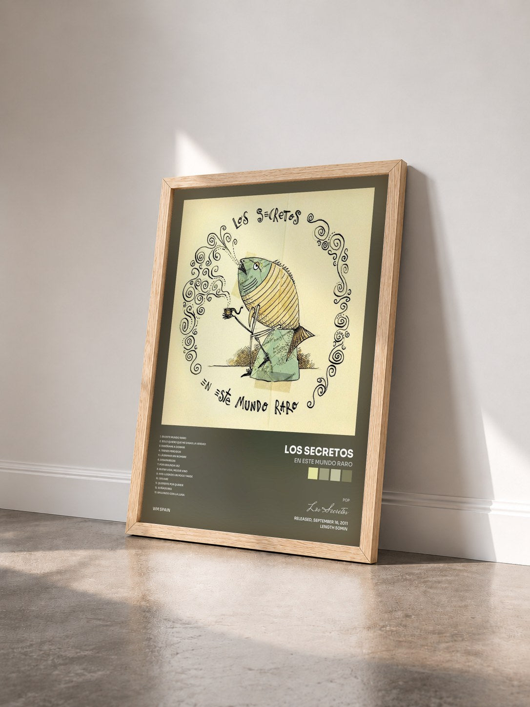 #bois Tableau de l'album En este mundo raro de Los Secretos vu de trois quarts, cadre en bois brut