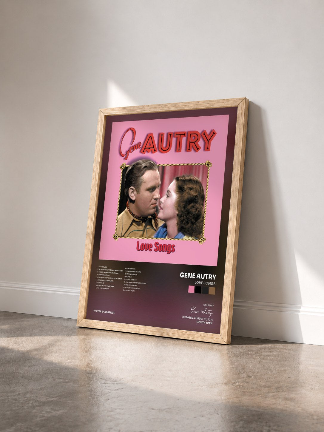 #bois Tableau de l'album Love Songs de Gene Autry vu de trois quarts, cadre en bois brut