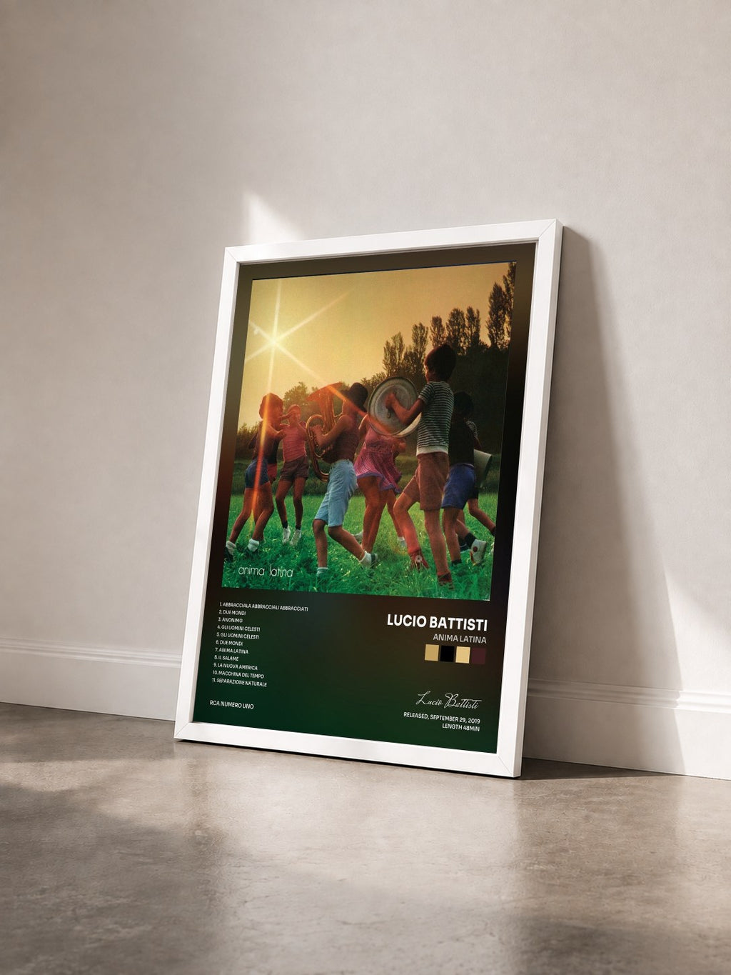#blanc Tableau de l'album Anima latina de Lucio Battisti vu de trois quarts, cadre blanc