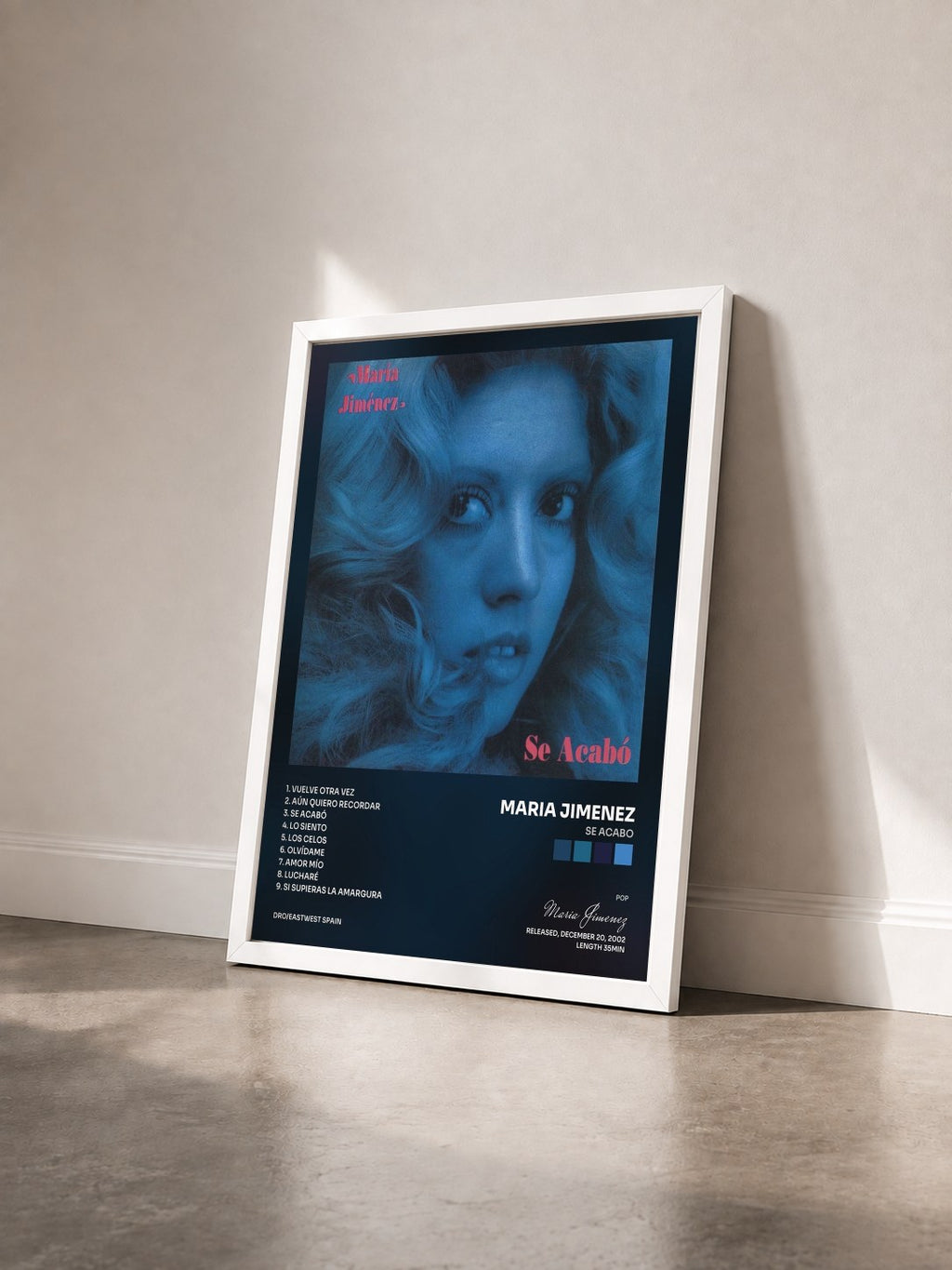 #blanc Tableau de l'album Se acabo de Maria Jimenez vu de trois quarts, cadre blanc