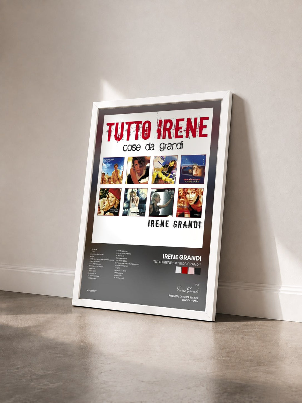 #blanc Tableau de l'album Tutto Irene "Cose da Grandi" de Irene Grandi vu de trois quarts, cadre blanc