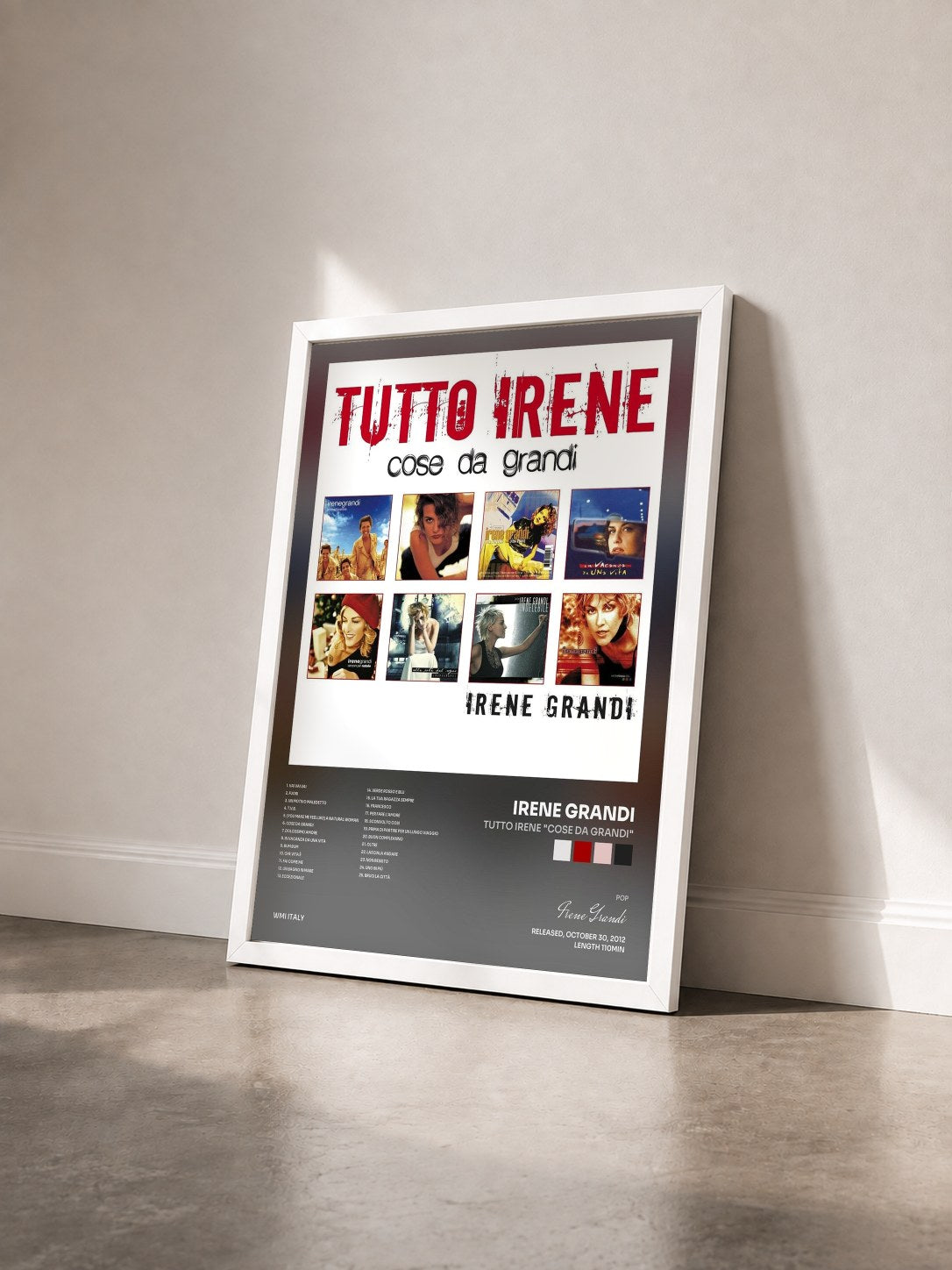 #blanc Tableau de l'album Tutto Irene "Cose da Grandi" de Irene Grandi vu de trois quarts, cadre blanc