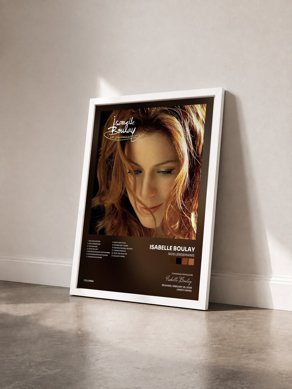 #blanc Tableau de l'album Nos lendemains de Isabelle Boulay vu de trois quarts, cadre blanc