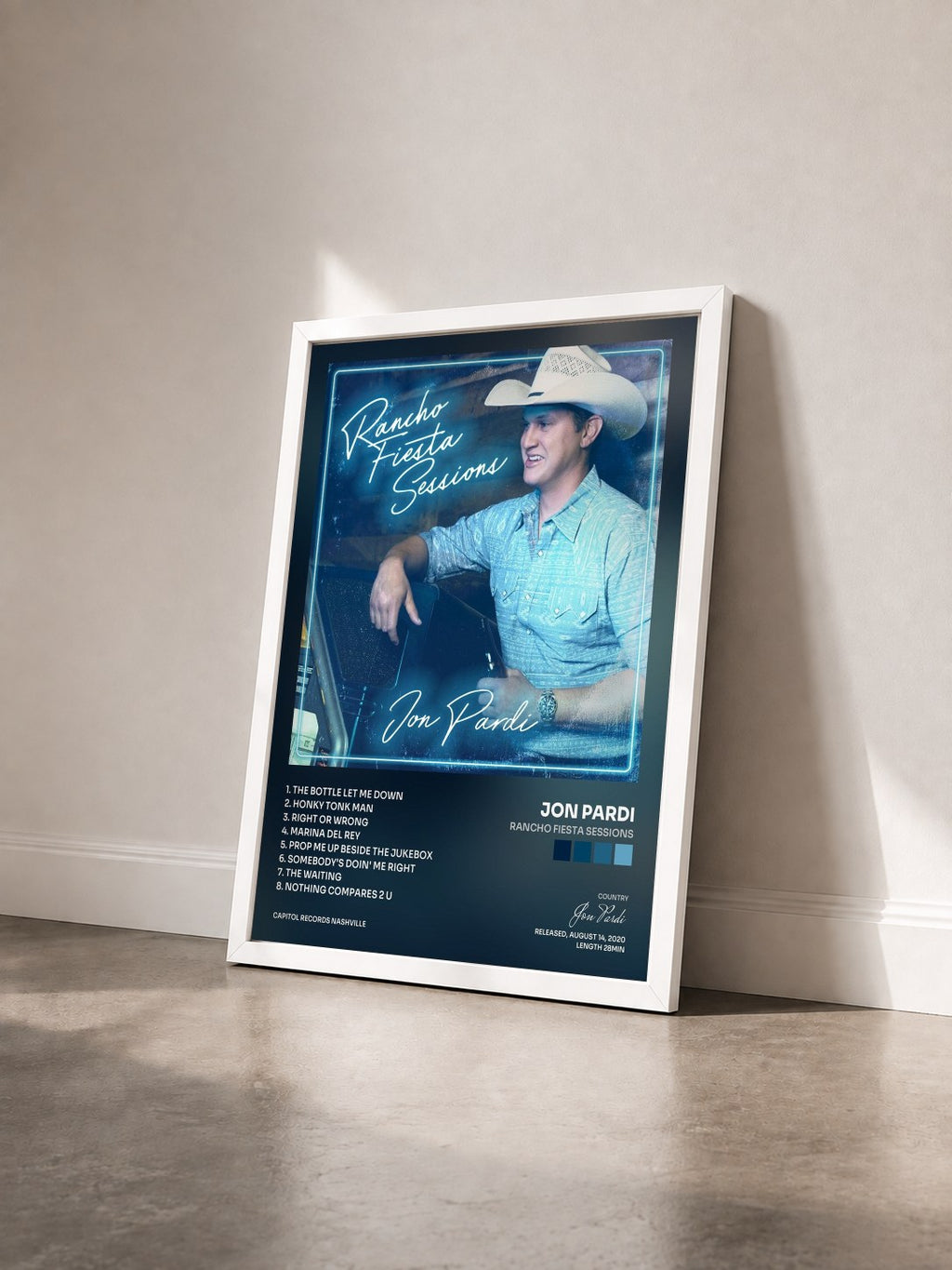 #blanc Tableau de l'album Rancho Fiesta Sessions de Jon Pardi vu de trois quarts, cadre blanc