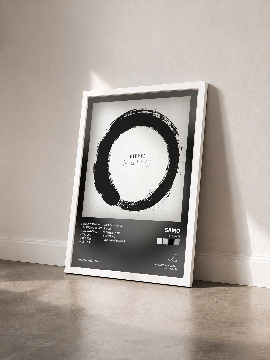 #blanc Tableau de l'album Eterno de Samo vu de trois quarts, cadre blanc