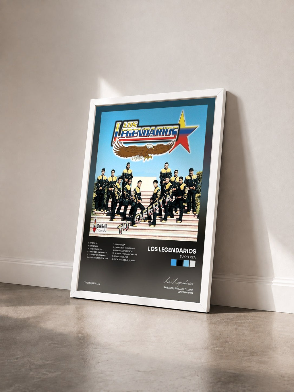 #blanc Tableau de l'album Tu Oferta de Los Legendarios vu de trois quarts, cadre blanc
