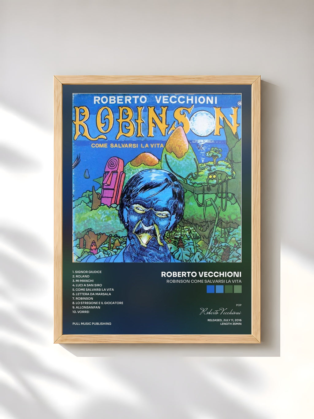 #bois Tableau de l'album Robinson come salvarsi la vita de Roberto Vecchioni, cadre en bois brut, imprimé et encadré en France