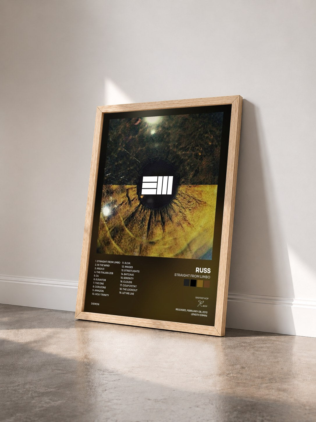 #bois Tableau de l'album Straight from Limbo de Russ vu de trois quarts, cadre en bois brut
