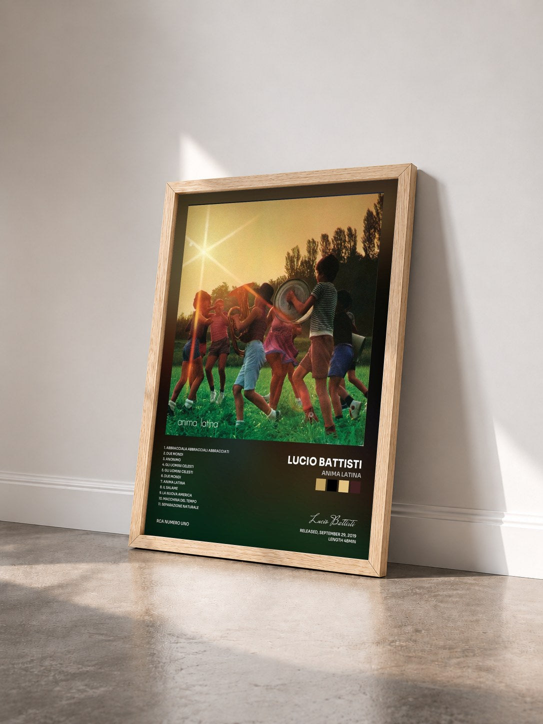 #bois Tableau de l'album Anima latina de Lucio Battisti vu de trois quarts, cadre en bois brut