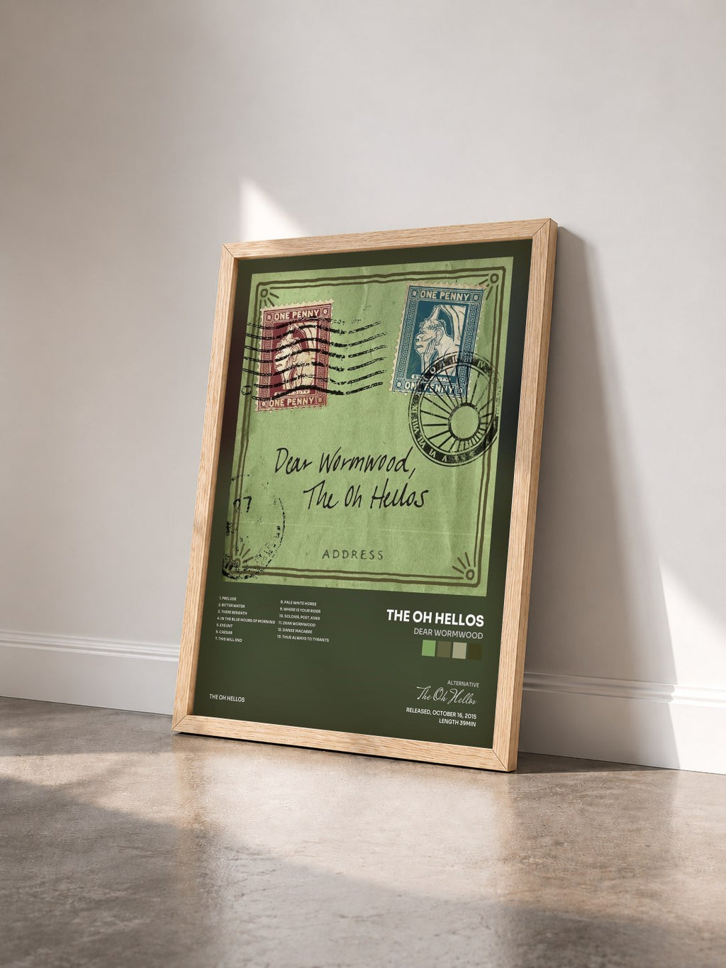 #bois Tableau de l'album Dear Wormwood de The Oh Hellos vu de trois quarts, cadre en bois brut