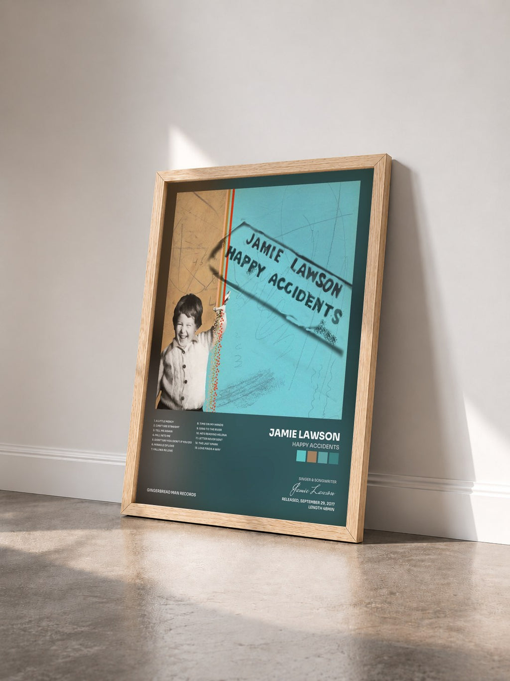 #bois Tableau de l'album Happy Accidents de Jamie Lawson vu de trois quarts, cadre en bois brut